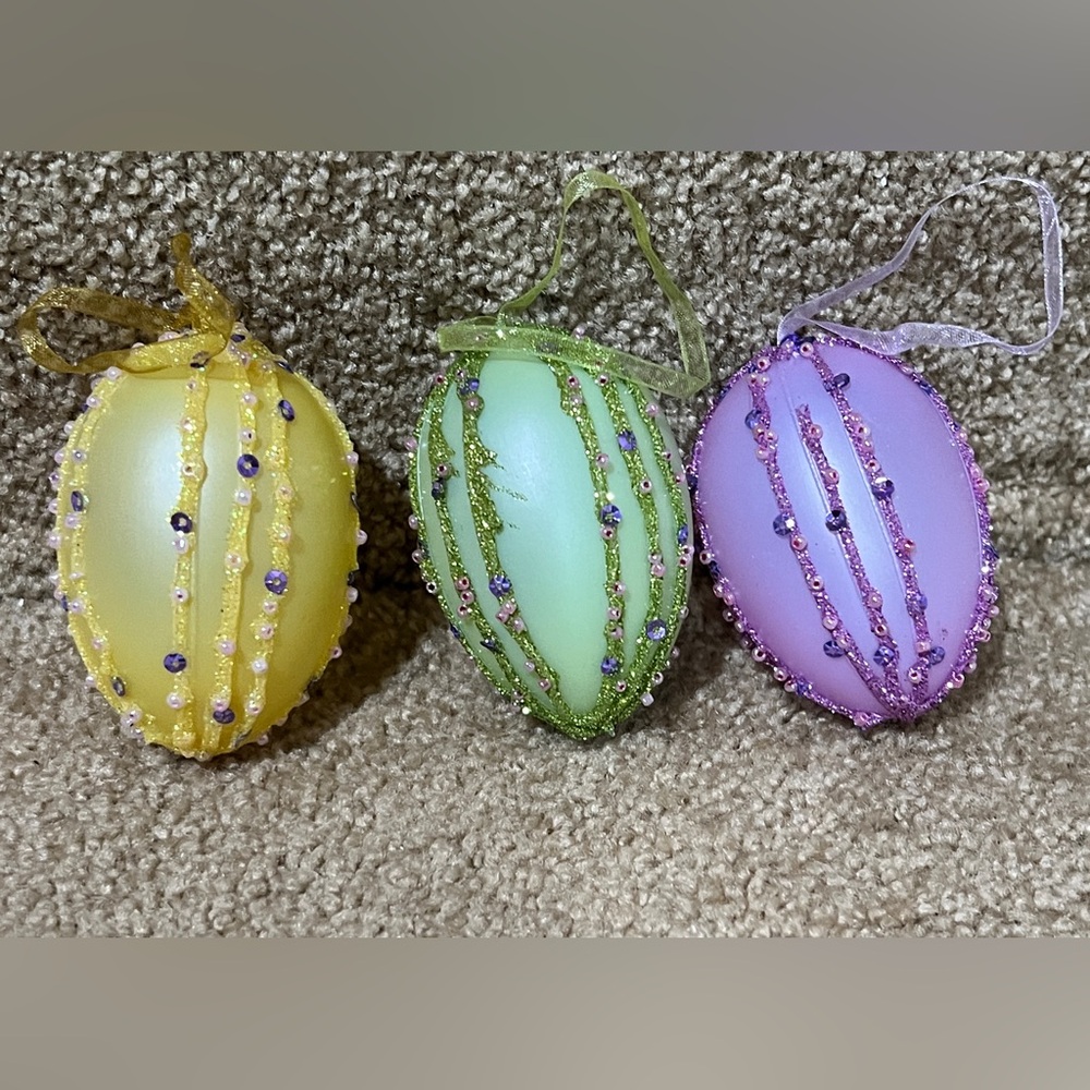 Easter egg lot of 3 ornaments purple yellow green pastel colors